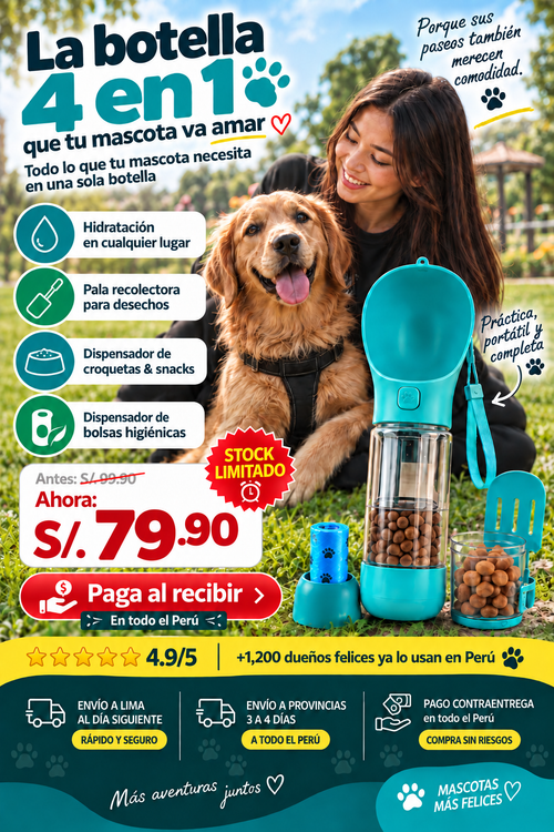 BOTELLA PORTÁTIL 4 EN 1 MULTIFUNCIONAL PARA MASCOTA